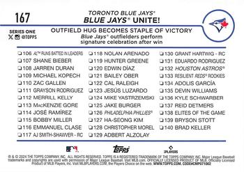 2024 Topps #167 Blue Jays Unite!: Outfield Hug Becomes Staple of Victory Back