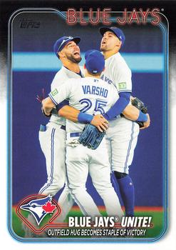 2024 Topps #167 Blue Jays Unite!: Outfield Hug Becomes Staple of Victory Front