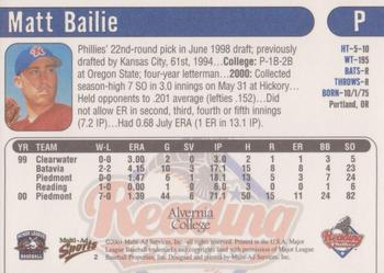 2001 Multi-Ad Reading Phillies Alvernia College Edition #2 Matt Bailie Back
