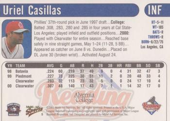 2001 Multi-Ad Reading Phillies Alvernia College Edition #5 Uriel Casillas Back