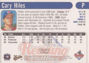 2001 Multi-Ad Reading Phillies Alvernia College Edition #10 Cary Hiles Back
