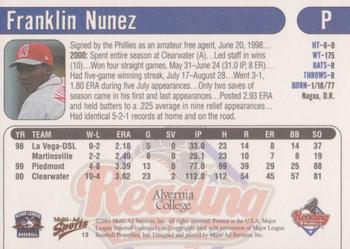 2001 Multi-Ad Reading Phillies Alvernia College Edition #13 Franklin Nunez Back
