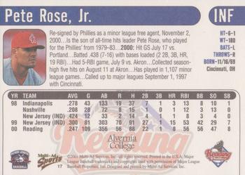 2001 Multi-Ad Reading Phillies Alvernia College Edition #17 Pete Rose, Jr. Back