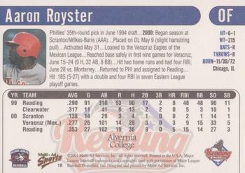 2001 Multi-Ad Reading Phillies Alvernia College Edition #18 Aaron Royster Back