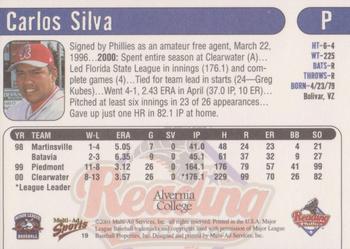 2001 Multi-Ad Reading Phillies Alvernia College Edition #19 Carlos Silva Back