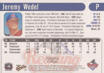2001 Multi-Ad Reading Phillies Alvernia College Edition #24 Jeremy Wedel Back