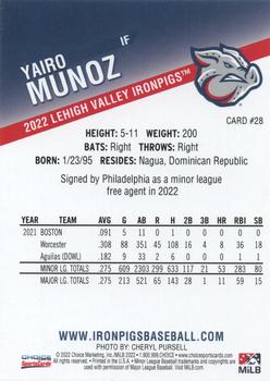 2022 Choice Lehigh Valley IronPigs #28 Yairo Munoz Back