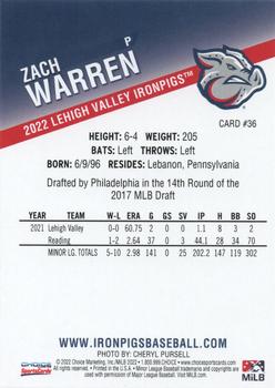 2022 Choice Lehigh Valley IronPigs #36 Zach Warren Back