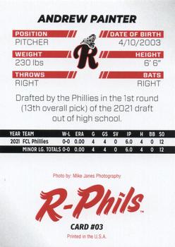 2022 R-Phils Philadelphia Phillies Top 25 Prospects #03 Andrew Painter Back