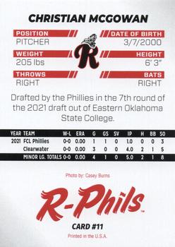 2022 R-Phils Philadelphia Phillies Top 25 Prospects #11 Christian McGowan Back