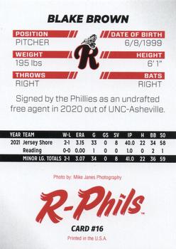 2022 R-Phils Philadelphia Phillies Top 25 Prospects #16 Blake Brown Back