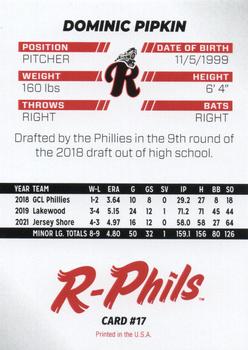 2022 R-Phils Philadelphia Phillies Top 25 Prospects #17 Dominic Pipkin Back