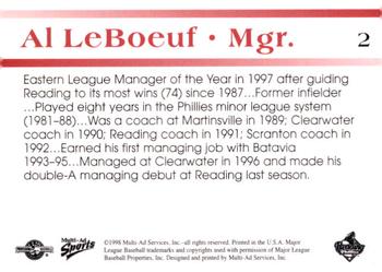 1998 Multi-Ad Reading Phillies Blue Border #2 Al LeBoeuf Back