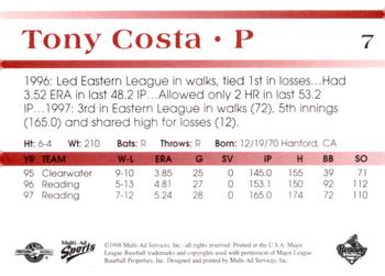 1998 Multi-Ad Reading Phillies Blue Border #7 Tony Costa Back
