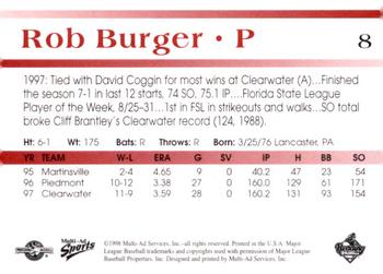 1998 Multi-Ad Reading Phillies Blue Border #8 Rob Burger Back