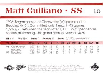 1998 Multi-Ad Reading Phillies Blue Border #10 Matt Guiliano Back