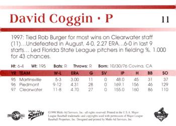 1998 Multi-Ad Reading Phillies Blue Border #11 David Coggin Back