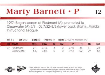 1998 Multi-Ad Reading Phillies Blue Border #12 Marty Barnett Back