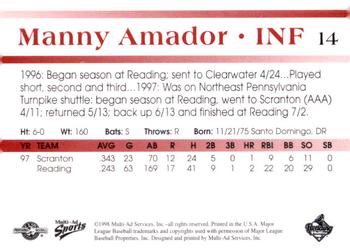 1998 Multi-Ad Reading Phillies Blue Border #14 Manny Amador Back