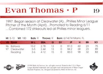 1998 Multi-Ad Reading Phillies Blue Border #19 Evan Thomas Back