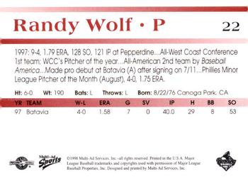 1998 Multi-Ad Reading Phillies Blue Border #22 Randy Wolf Back