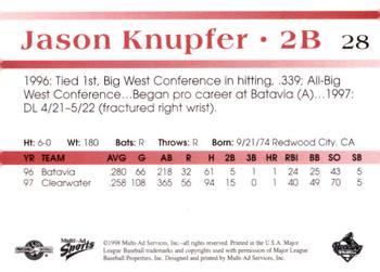 1998 Multi-Ad Reading Phillies Blue Border #28 Jason Knupfer Back