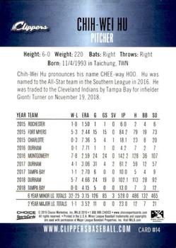 2019 Choice Columbus Clippers #14 Chih-Wei Hu Back
