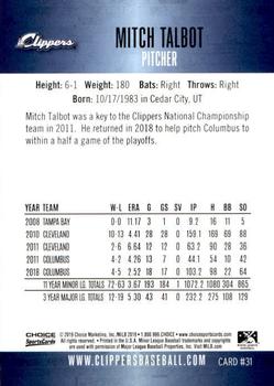 2019 Choice Columbus Clippers #31 Mitch Talbot Back