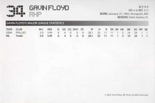 2005 Philadelphia Phillies Photo Cards #NNO Gavin Floyd Back