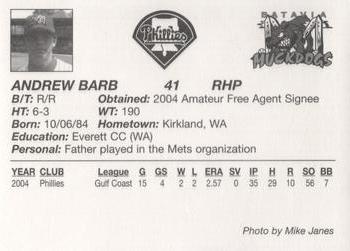 2005 Batavia Muckdogs #NNO Andrew Barb Back