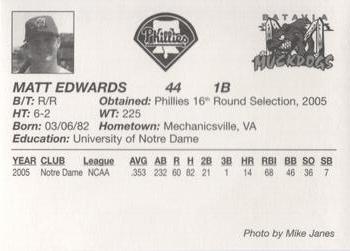 2005 Batavia Muckdogs #NNO Matt Edwards Back