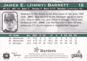 2002 MultiAd Lexington Legends - Hardee's Edition #4 Jimmy Barrett Back