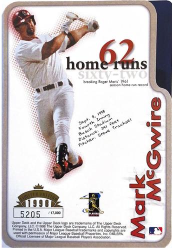 1998 Upper Deck Authenticated Mark McGwire 62/70 Home Runs 3x5 #NNO Mark McGwire Back