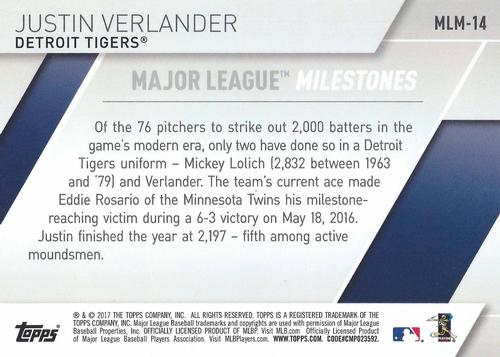 2017 Topps Major League Milestones 5x7 #MLM-14 Justin Verlander Back