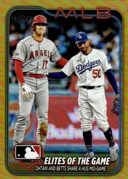 2024 Topps - Gold Foil #138 Elites of the Game: Ohtani and Betts Share a Hug Mid-Game Front