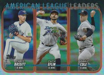2024 Topps - Rainbow Foil #57 American League Leaders Wins (Chris Bassitt / Zach Eflin / Gerrit Cole) Front