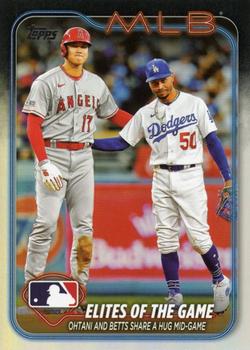 2024 Topps - Rainbow Foil #138 Elites of the Game: Ohtani and Betts Share a Hug Mid-Game Front