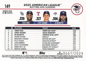 2024 Topps - Gold #149 American League Leaders Batting Average (Yandy Díaz / Corey Seager / Bo Bichette) Back