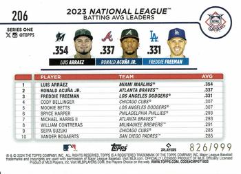2024 Topps - Blue Holofoil #206 National League Leaders Batting Average (Luis Arraez / Ronald Acuña Jr. / Freddie Freeman) Back