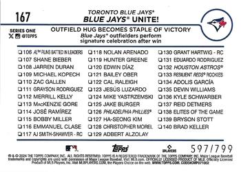2024 Topps - Purple Holofoil #167 Blue Jays Unite!: Outfield Hug Becomes Staple of Victory Back