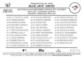 2024 Topps - Independence Day #167 Blue Jays Unite!: Outfield Hug Becomes Staple of Victory Back