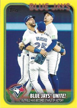 2024 Topps - Yellow #167 Blue Jays Unite!: Outfield Hug Becomes Staple of Victory Front