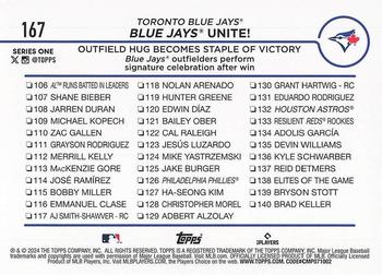 2024 Topps - Aqua #167 Blue Jays Unite!: Outfield Hug Becomes Staple of Victory Back