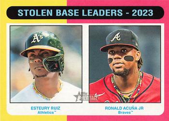 2024 Topps Heritage #309 Stolen Base Leaders - 2023 (Esteury Ruiz / Ronald Acuña Jr.) Front
