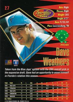 1994 Sportflics 2000 Rookie & Traded - Artist's Proofs #27 Dave Weathers Back
