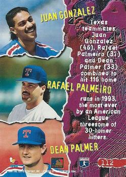 1994 Stadium Club #112 Juan Gonzalez / Rafael Palmeiro / Dean Palmer Back