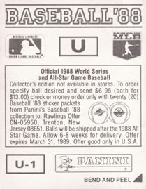 1988 Panini Stickers - Monograms/Pennants #U / U-1 New York Mets Monogram / Pennant Back