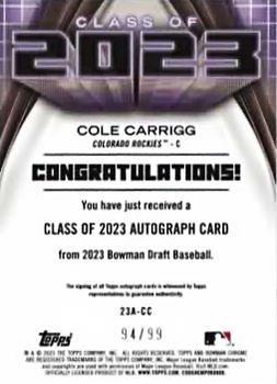 2023 Bowman Draft - Class of 2023 Autographs Green Refractor #23A-CC Cole Carrigg Back