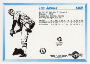 1993 Fleer ProCards Sarasota White Sox SGA #1360 Luis Andujar Back