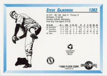 1993 Fleer ProCards Sarasota White Sox SGA #1363 Steve Gajkowski Back